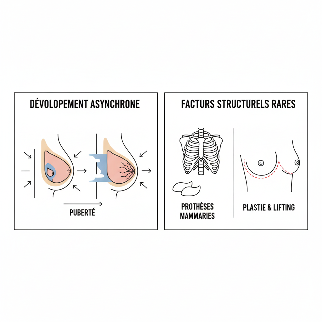 Un schéma médical simplifié (pas une photo réelle) illustrant les différences de développement, par exemple en montrant les glandes mammaires avec deux tailles distinctes ou une variation de la position du sillon sous-mammaire.