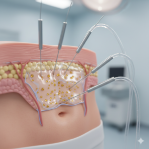 Voici une image qui illustre le "Principe de l'Intervention". Elle présente de fines canules et le processus d'aspiration des cellules graisseuses.