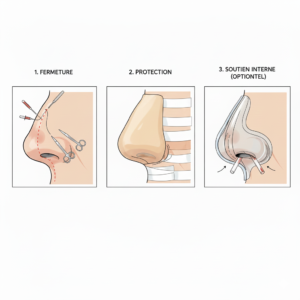 Photo en trois parties montrant la fin de la rhinoplastie : 1. Fermeture par sutures. 2. Protection externe avec une attelle ou un plâtre pour immobiliser le nez. 3. Soutien interne (Optionnel) via des mèches ou des drains pour la cloison nasale.