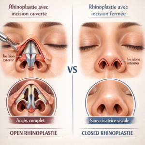 Photo illustrant les deux techniques de rhinoplastie : ouverte et fermée. À gauche, la rhinoplastie ouverte montre une incision externe (dite columellaire) et un soulèvement de la peau pour un accès complet aux structures nasales. À droite, la rhinoplastie fermée montre des incisions internes cachées dans les narines, garantissant une procédure sans cicatrice visible. Les images du bas montrent la vue inférieure du nez correspondant à chaque technique, avec la structure osseuse et cartilagineuse exposée pour la technique ouverte et un accès limité pour la technique fermée.