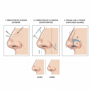 Photo illustrant les trois étapes principales d'une rhinoplastie chirurgicale pour remodeler le nez.